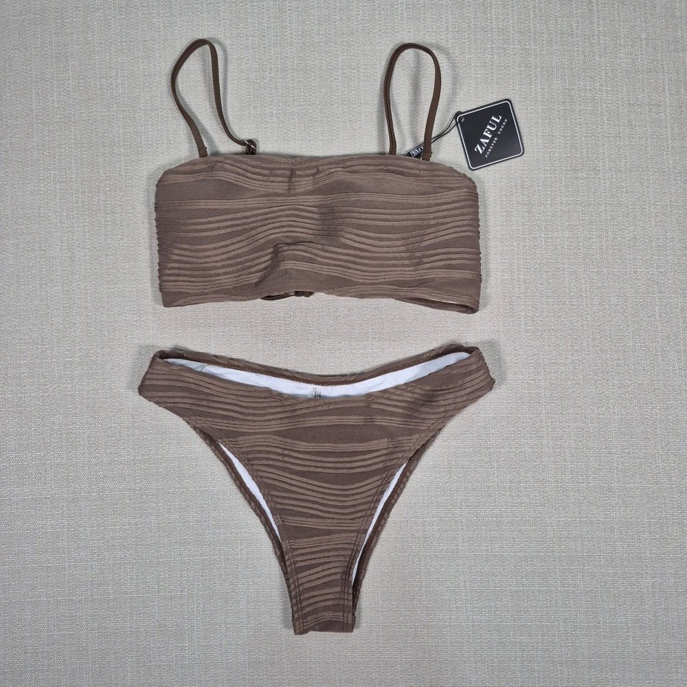 Zaful Brown Textured Wave Bandeau Bikini Set High Cut Swimsuit New Small US‎ 4